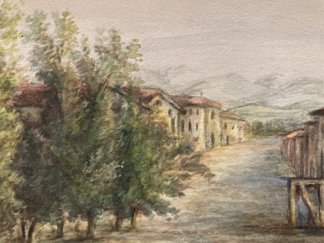 Peinture Painting Arbre Gouache XIXe 1880 Classique Paysage Original Art Village