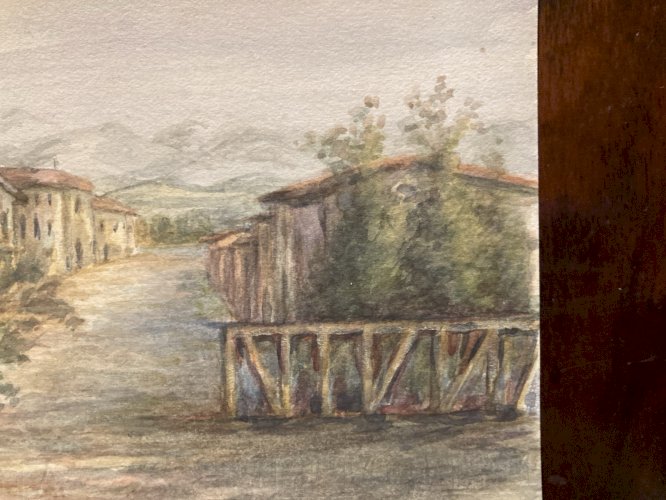 Peinture Painting Arbre Gouache XIXe 1880 Classique Paysage Original Art Village