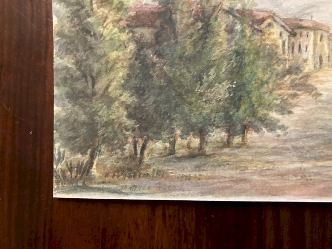 Peinture Painting Arbre Gouache XIXe 1880 Classique Paysage Original Art Village