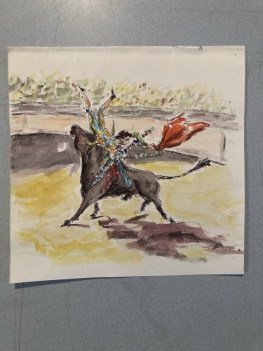 Peinture Painting Corrida Tauromachie 1960 Animal Taureau Arène Art Old Picador