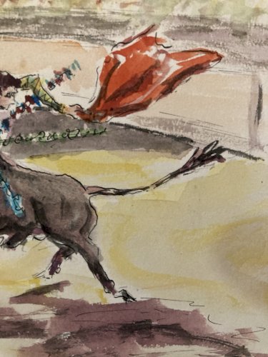 Peinture Painting Corrida Tauromachie 1960 Animal Taureau Arène Art Old Picador