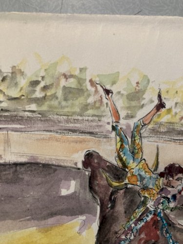 Peinture Painting Corrida Tauromachie 1960 Animal Taureau Arène Art Old Picador