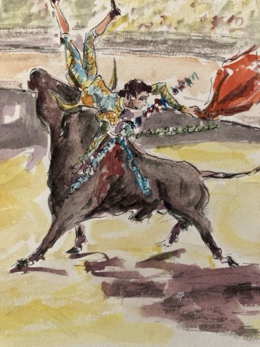 Peinture Painting Corrida Tauromachie 1960 Animal Taureau Arène Art Old Picador