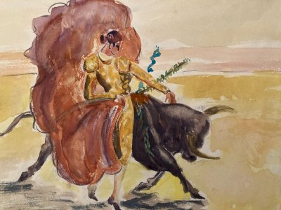 Painting Bullfighting 1960 Animal Bull Arena Old Animals Art