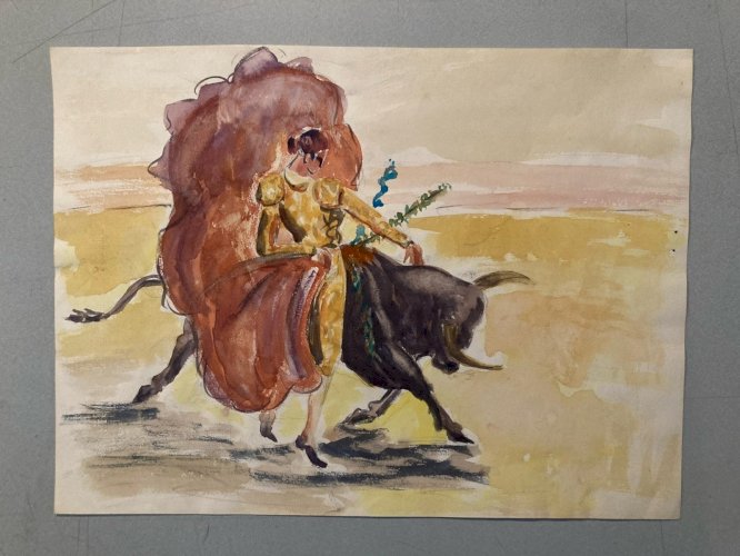 Peinture Painting Corrida Tauromachie 1960 Animal Taureau Arène Old Animaux Art