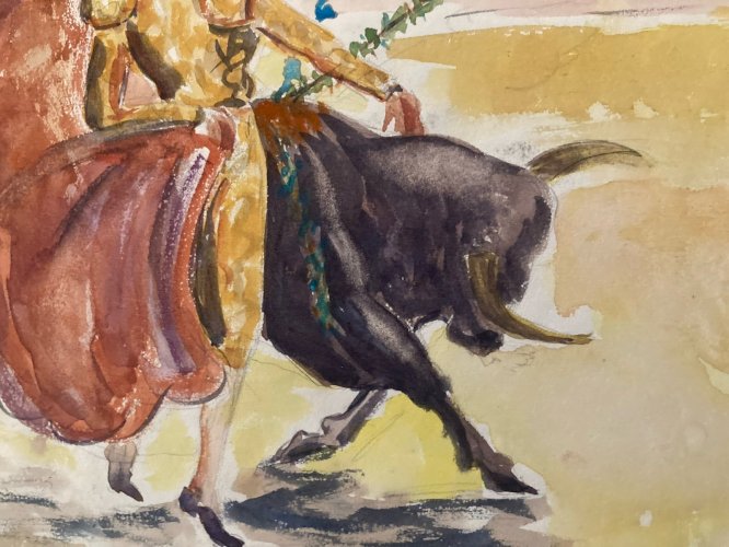 Peinture Painting Corrida Tauromachie 1960 Animal Taureau Arène Old Animaux Art