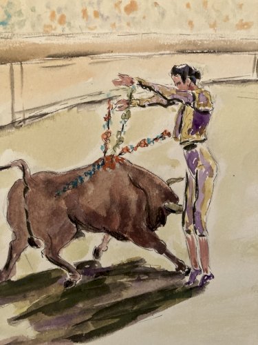 Peinture Painting Corrida Tauromachie 1960 Animal Taureau Arène Old Picador Art