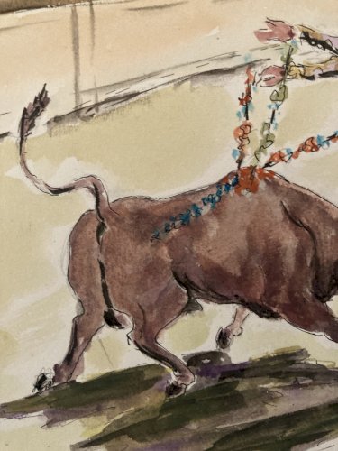 Peinture Painting Corrida Tauromachie 1960 Animal Taureau Arène Old Picador Art