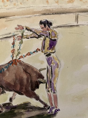 Peinture Painting Corrida Tauromachie 1960 Animal Taureau Arène Old Picador Art