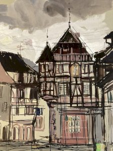 Painting Michel Henry (1928-2016) Kaysersberg 1960 Half-timbered houses Alsace