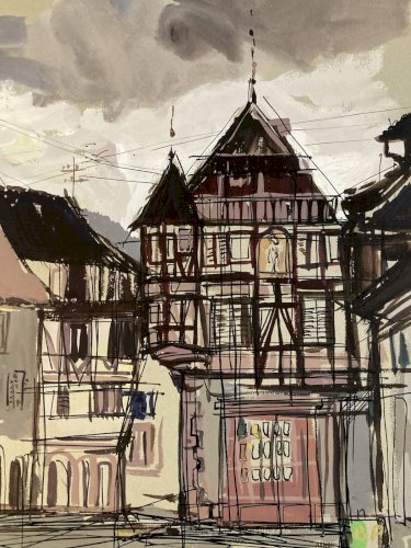 Peinture Painting Michel Henry (1928 2016) Kaysersberg 1960 Colombages Alsace