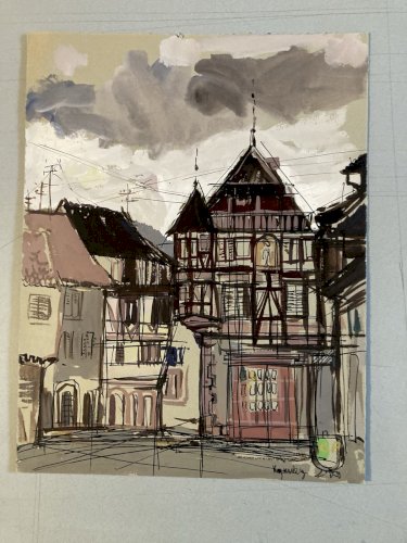 Peinture Painting Michel Henry (1928 2016) Kaysersberg 1960 Colombages Alsace