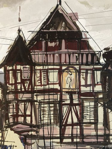 Peinture Painting Michel Henry (1928 2016) Kaysersberg 1960 Colombages Alsace