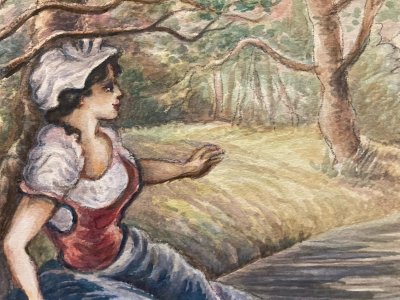 Painting Portrait Woman 19th Century 1880 Classic Landscape Original Art Old