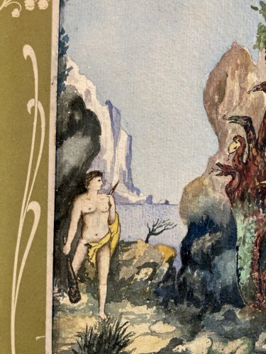 Peinture Papier 1920 Mythologie Héraclès et l’Hydre de Lerne Painting H Giraud?