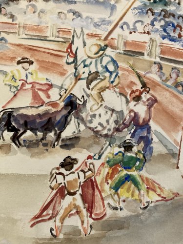 Peinture Papier 1949 Painting André VILLEBOEUF Taureau Tauromachie Art Painting