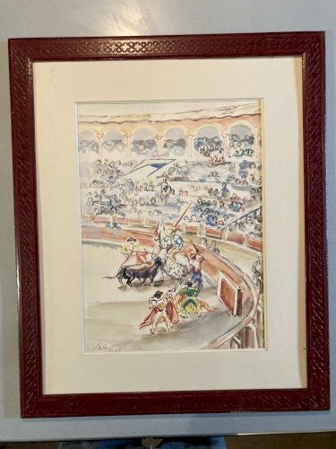 Peinture Papier 1949 Painting André VILLEBOEUF Taureau Tauromachie Art Painting
