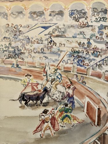 Peinture Papier 1949 Painting André VILLEBOEUF Taureau Tauromachie Art Painting