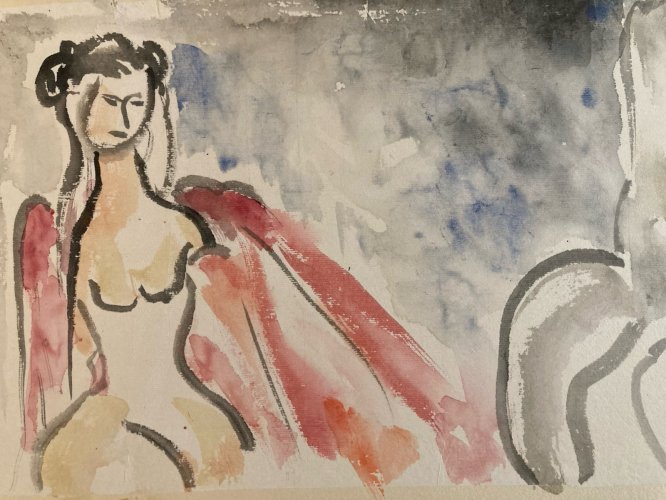 Peinture Papier Aquarelle Portrait Femme Expressionniste Expressionnisme 1960