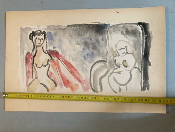 Peinture Papier Aquarelle Portrait Femme Expressionniste Expressionnisme 1960