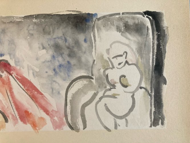 Peinture Papier Aquarelle Portrait Femme Expressionniste Expressionnisme 1960