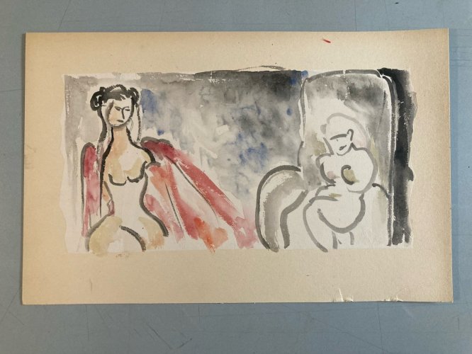Peinture Papier Aquarelle Portrait Femme Expressionniste Expressionnisme 1960