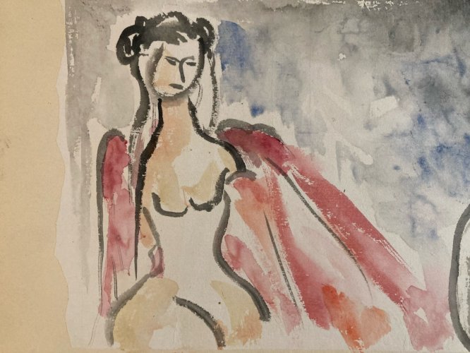Peinture Papier Aquarelle Portrait Femme Expressionniste Expressionnisme 1960