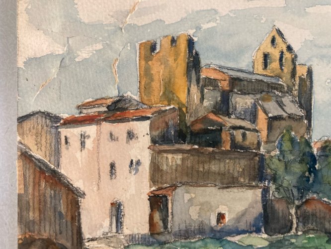 Peinture Papier Gouache Aquarelle Village 1942 Maison À Identifier Ancien