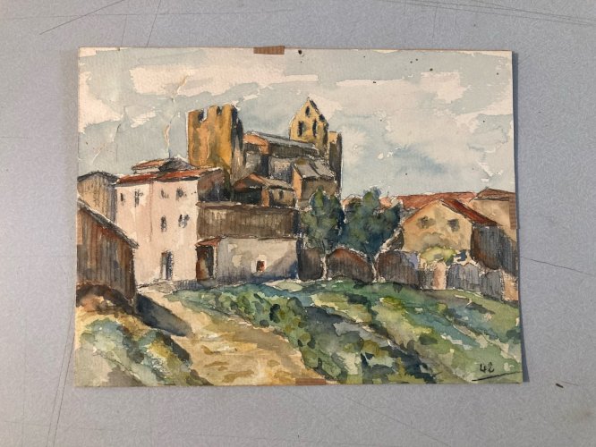 Peinture Papier Gouache Aquarelle Village 1942 Maison À Identifier Ancien