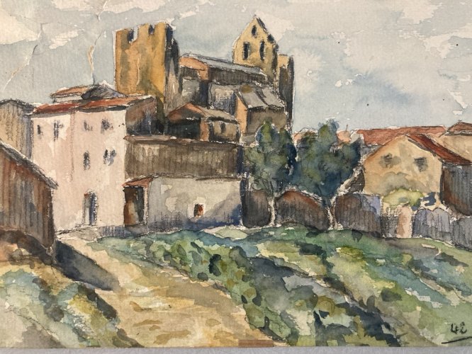 Peinture Papier Gouache Aquarelle Village 1942 Maison À Identifier Ancien