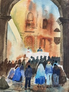 Peinture Papier Gouache Cérémonie Mariage Église Hôtel Dessin Aquarelle 1960 Art