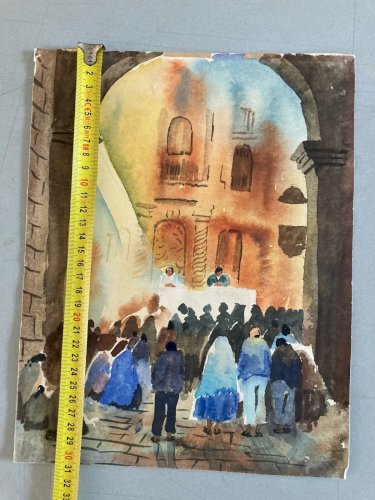 Peinture Papier Gouache Cérémonie Mariage Église Hôtel Dessin Aquarelle 1960 Art