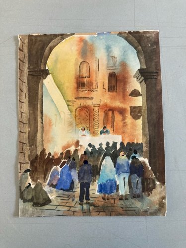 Peinture Papier Gouache Cérémonie Mariage Église Hôtel Dessin Aquarelle 1960 Art