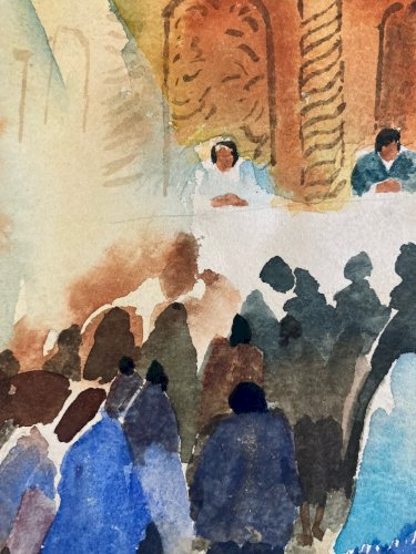 Peinture Papier Gouache Cérémonie Mariage Église Hôtel Dessin Aquarelle 1960 Art
