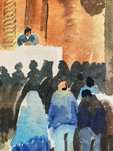 Peinture Papier Gouache Cérémonie Mariage Église Hôtel Dessin Aquarelle 1960 Art