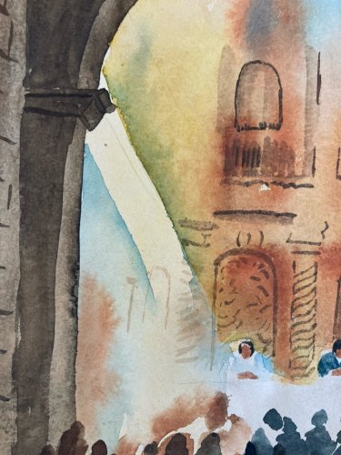 Peinture Papier Gouache Cérémonie Mariage Église Hôtel Dessin Aquarelle 1960 Art