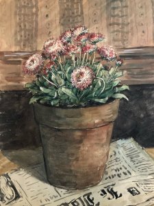 Peinture Papier Gouache Pot Fleur Art Jardin Journal Art Painting 1950 Ancien