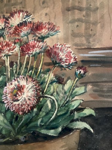 Peinture Papier Gouache Pot Fleur Art Jardin Journal Art Painting 1950 Ancien