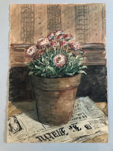 Peinture Papier Gouache Pot Fleur Art Jardin Journal Art Painting 1950 Ancien