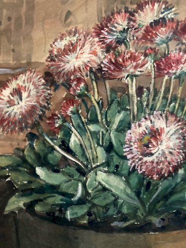 Peinture Papier Gouache Pot Fleur Art Jardin Journal Art Painting 1950 Ancien