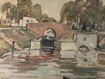 Peinture Paysage Huile 1930 Toile Écluse Toulouse Canal Du Midi Painting Ancien