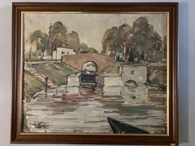 Peinture Paysage Huile 1930 Toile Écluse Toulouse Canal Du Midi Painting Ancien