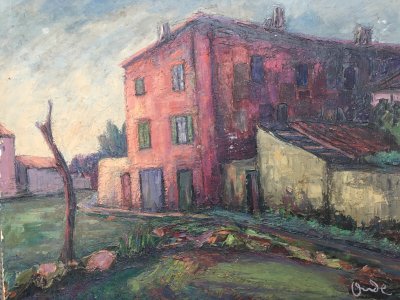 Landscape Painting House Building 1950 Oil on Panel Signed Wave