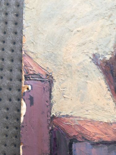 Peinture Paysage Maison immeuble 1950 Huile Sur Panneau Hsp Signé Onde