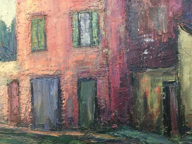 Peinture Paysage Maison immeuble 1950 Huile Sur Panneau Hsp Signé Onde