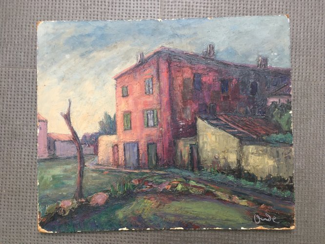 Peinture Paysage Maison immeuble 1950 Huile Sur Panneau Hsp Signé Onde