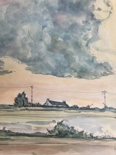 Peinture Plaine De La ce Art Wagrez a Identifier Ciel Nuage 1980 XXe