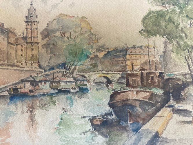 Peinture Seine Paris Quai Aquarelle 1950  Bateau Art Péniche À Identifier