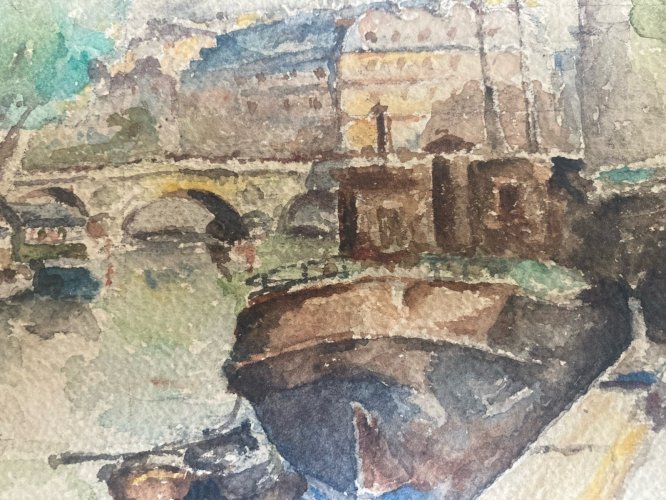 Peinture Seine Paris Quai Aquarelle 1950  Bateau Art Péniche À Identifier