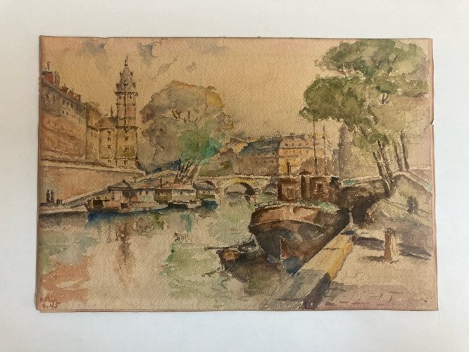 Peinture Seine Paris Quai Aquarelle 1950  Bateau Art Péniche À Identifier